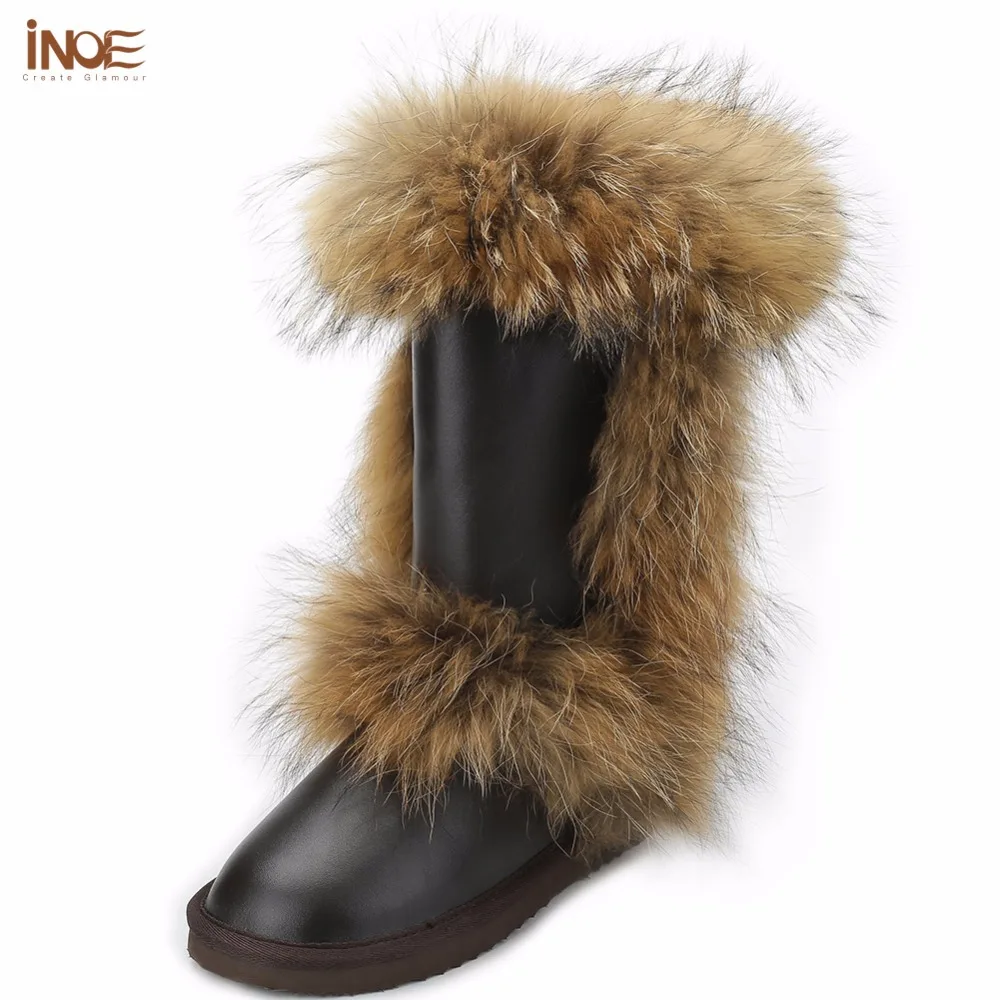 INOE Fashion fox fur real sheepskin leather fur lined high snow boots for women winter shoes tall boots waterproof high quality