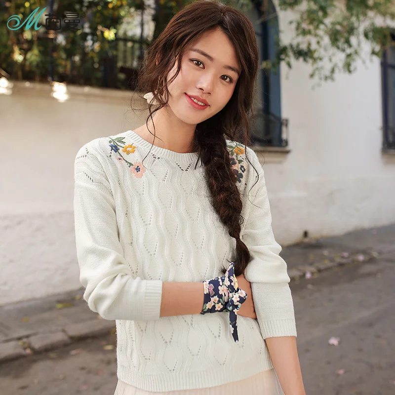 INMAN 2018 Spring Clothes Round Neck Embroidered Women Sweaters And Pullovers Sweater Women Women White