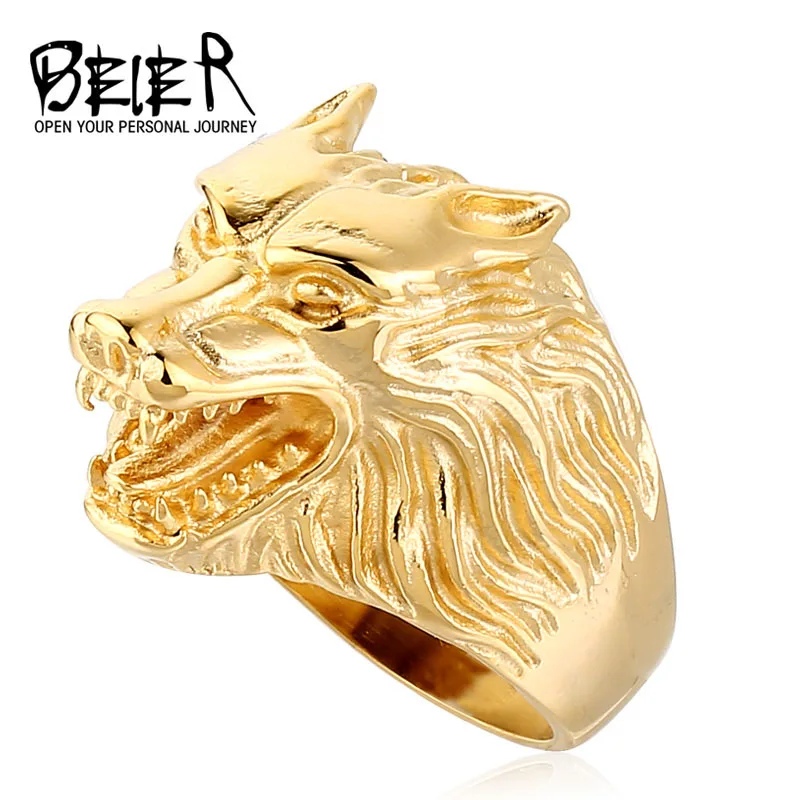 BEIER Dropshipping Cool Wolf Stainless Steel Man Punk Biker Ring BR8-075 US Size - Цвет основного камня: gold colour