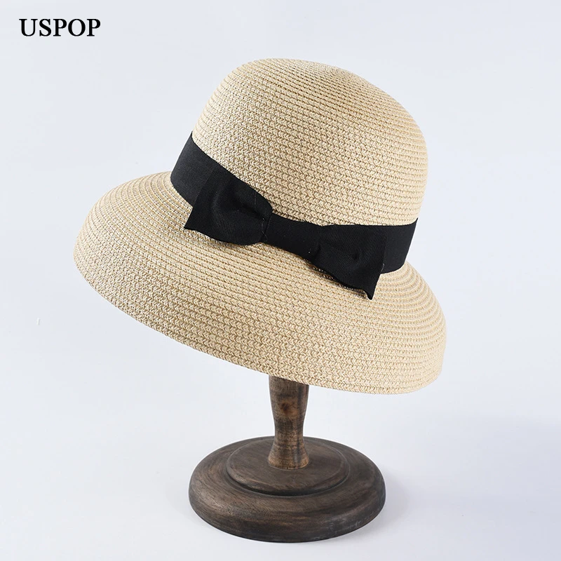 USPOP Новейшие женские шляпы от солнца, модные соломенные шляпы с бантом, Повседневная летняя пляжная шляпа с широкими полями, женская летняя шляпа