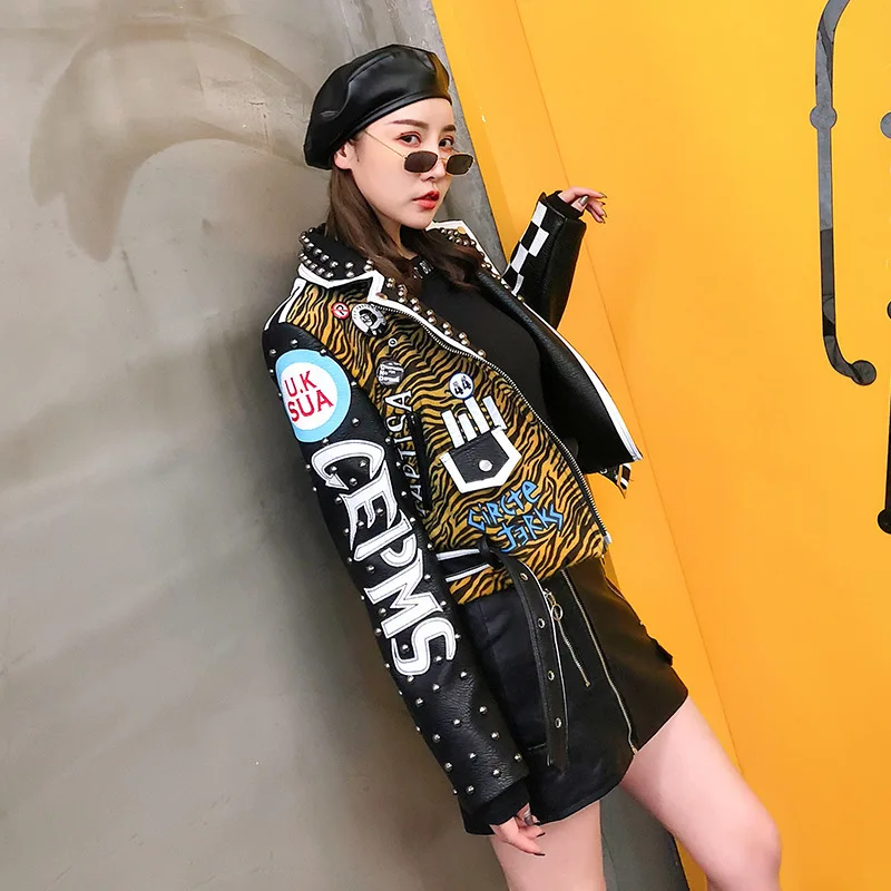 BONJEAN Casual Autumn Outerwear 2018 Rivet Decoration Black Jacket for Women Leopard Pattern PU Leather Jackets & Coats BJ183 BONJEAN Casual Autumn Outerwear 2018 Rivet Decoration Black Jacket for Women Leopard Pattern PU Leather Jackets & Coats BJ183