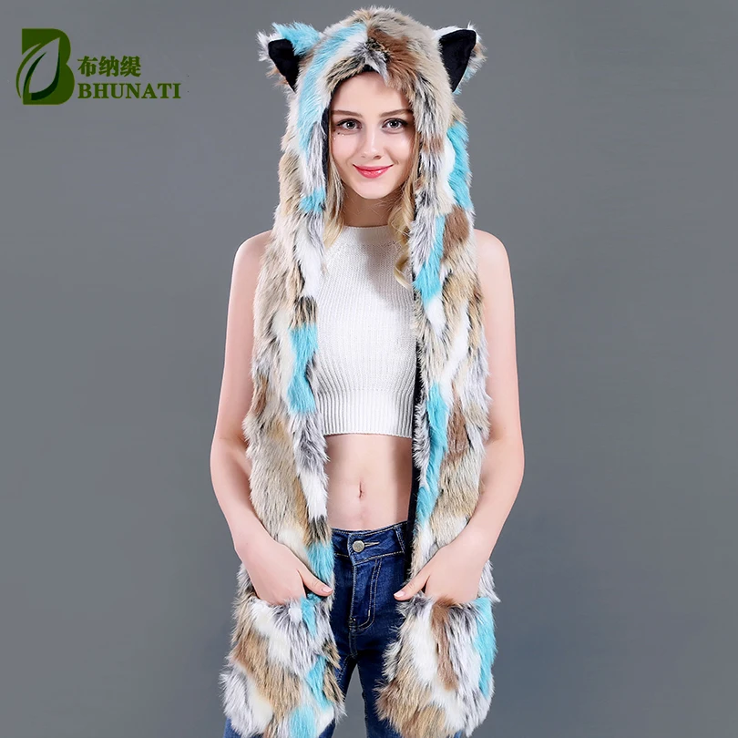 

Cute Fur Hat Winter Animal Cap Multicolor Faux Fur Cartoon Cap Scarf Lovely Ears Long-haired Fur Hats Headdress Scarf