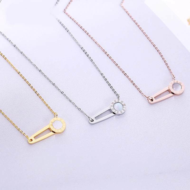 

Hot Sale White Shell Roman Numerals Round Pins Silver Color / Gold Color / Rose Gold Color Titanium Steel Necklace