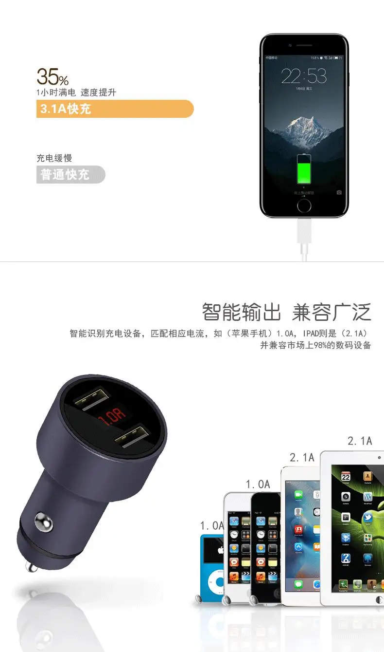 Автомобильное зарядное устройство с двумя портами USB 3.1A адаптер быстрой зарядки