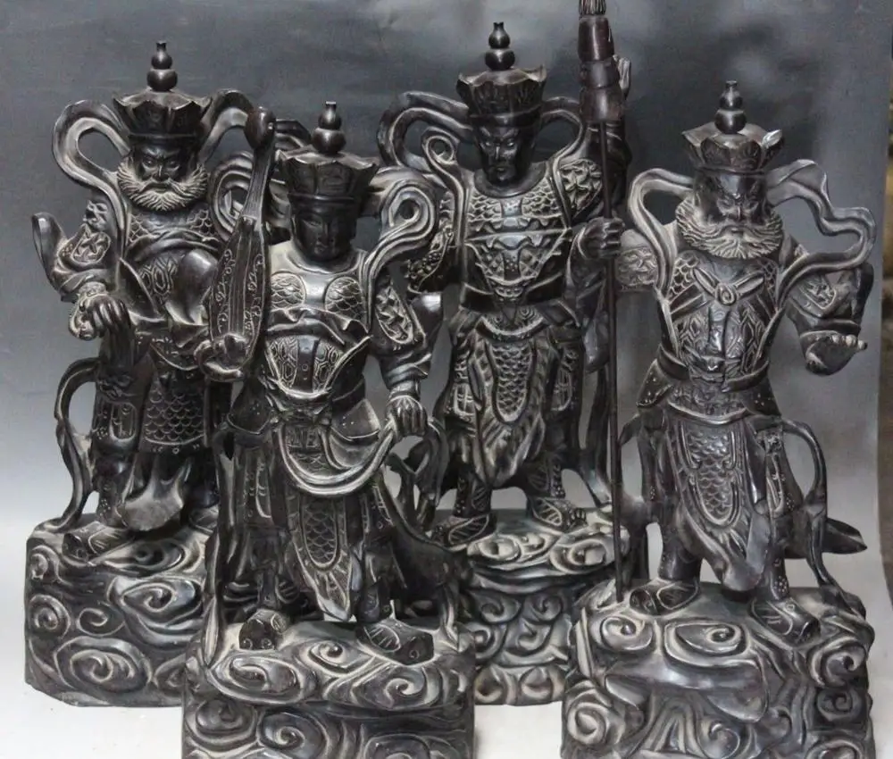 

22"Chinese Wood Stand 4 Great Heavenly Kings Warrior Full Set Dragon Lion Statue