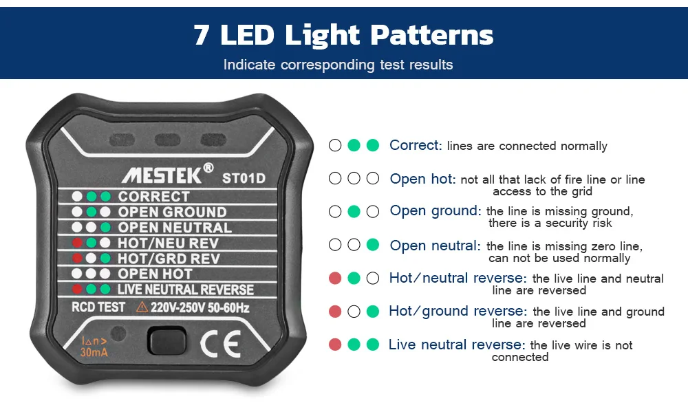 MESTEK ST01E тестер розетки схема полярности Напряжение детектор настенный выключатель Finder RCD тест 220 В~ 250 В Великобритания Plug