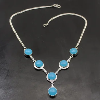 

Hermosa Jewelry Natural BlueAgate Silver Color Necklace Women Chain Necklace 18 Inch A209