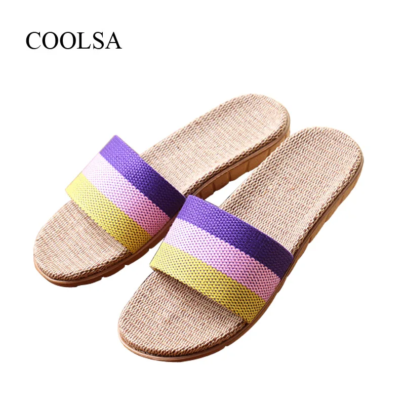 

COOLSA Brand Women's Linen Slippers Summer Indoor Striped Flax Slippers Women's Non-slip Indoor Slippers Zapatos De Lino Hot
