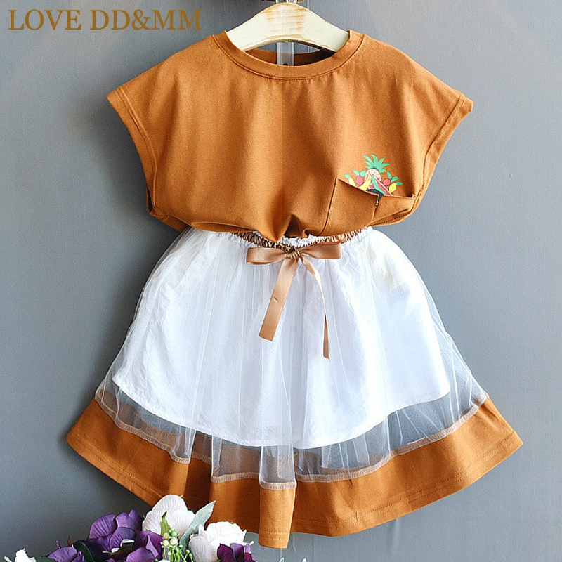 

LOVE DD&MM Girls Sets 2019 Summer New Kid's Clothing Girls Pocket Printing T-Shirt + Mesh Stitching Bow Skirt Two-Piece Suit
