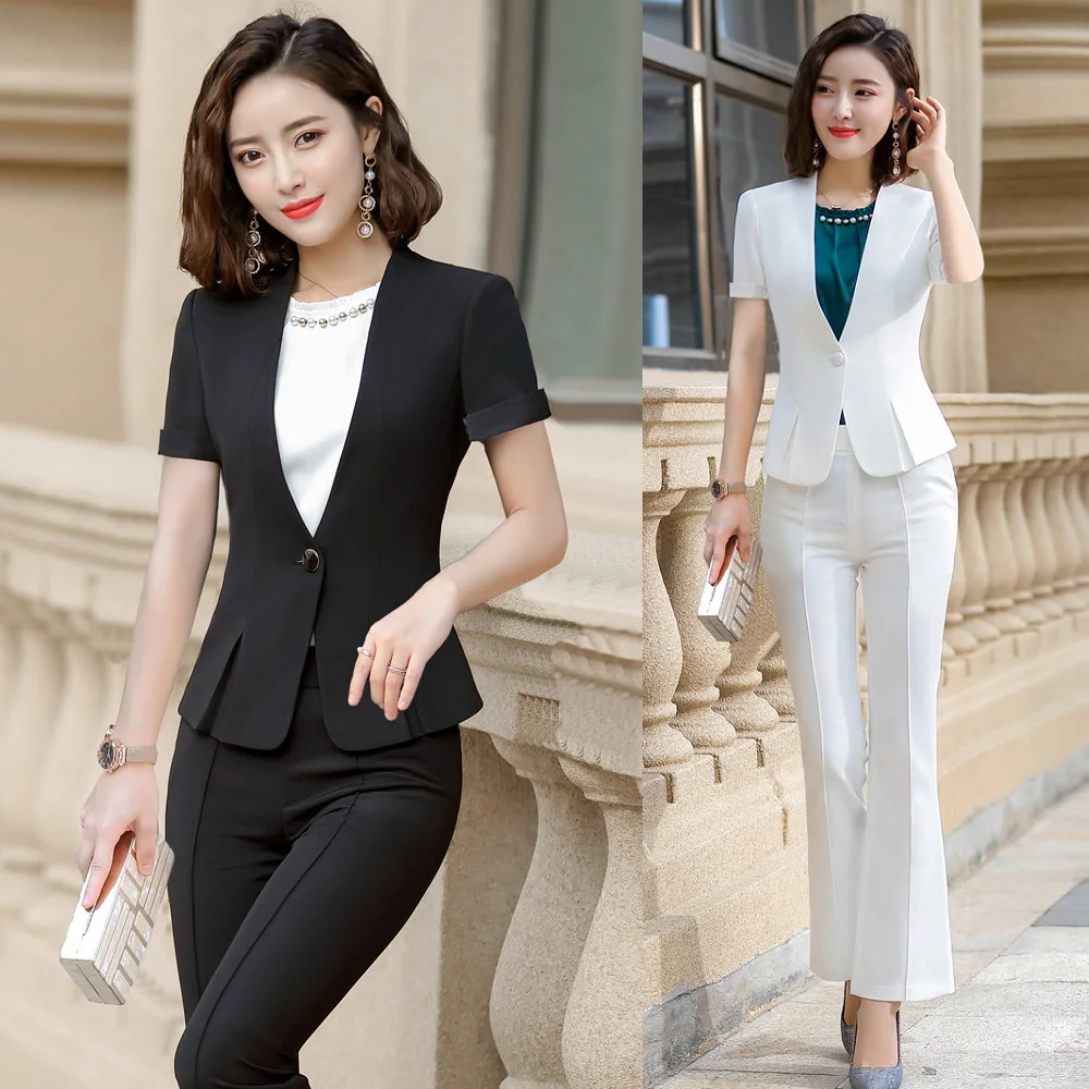 Summer Formal Black Blazer Women Business Suits Pant and Jacket Sets