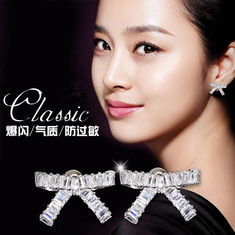 

925 Silver High Quality Zircon Wedding Bowknot Stud Earrings For Women Jewelry
