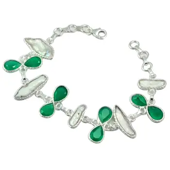 

NiaoZaiFei YunZaiKan Genuine Green Onyx + Biwa Pearl Bracelet 925 Sterling Silver, 19.5 cm,2SBR0013