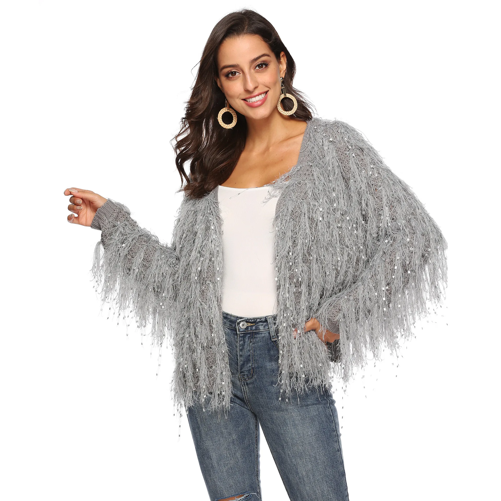 Sequins Tassels Knitted Sweater Women Jacket Cardigan Long Sleeve Warm
