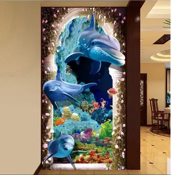 

Custom photo 3d wallpaper Non-woven mural picture wall sticker 3 d Dolphins through arch porch painting Living room decoration
