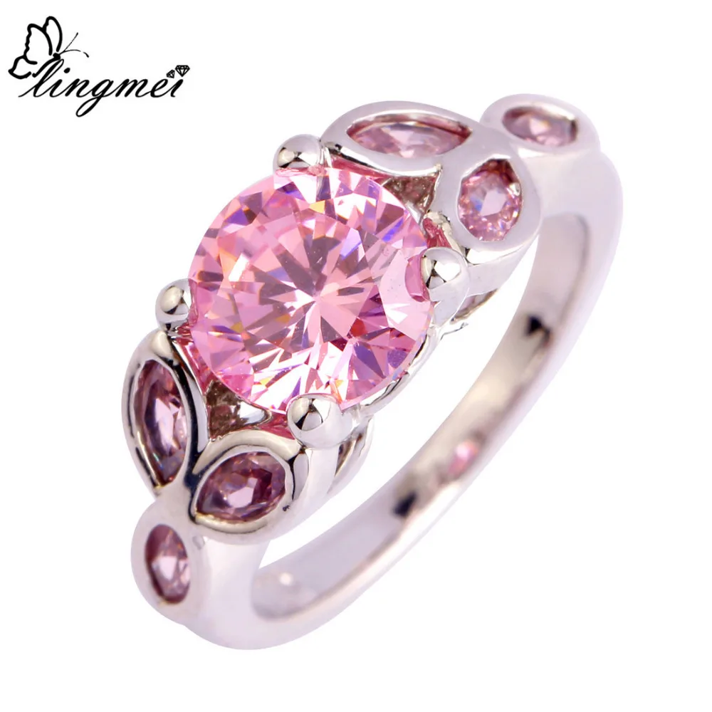 

lingmei Fashion New Jewelry Cocktail Pink CZ Silver Color Ring Women Bridal Wedding Engagement Size 6 7 8 9 10 11 Wholesale