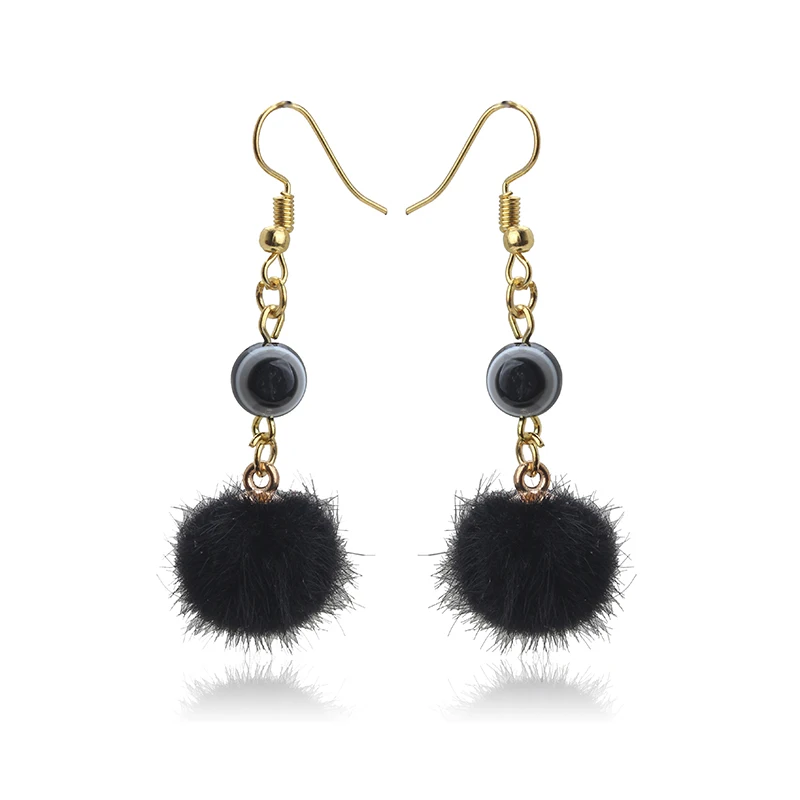 

1 pair/lot fashion pink black resin evil eye beads cloth/Fur Pom Pom Earring for Women Drop Earring Christmas Holidays Gift