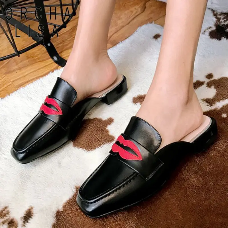 

ORCHA LISA Women Slippers Genuine cow Leather Mules Square heels flats summer spring Fashion Decoration outside big size 43 J624