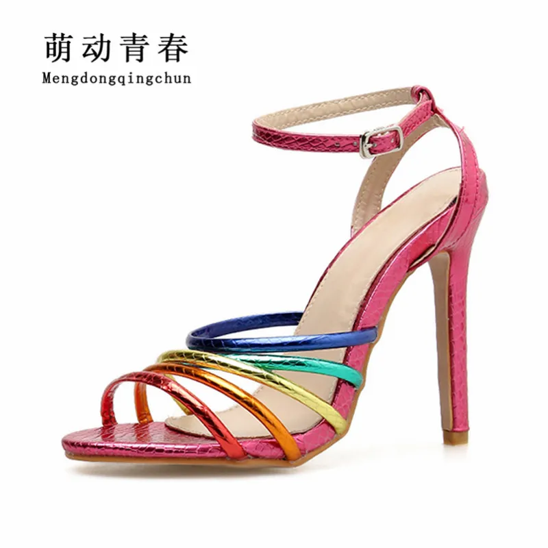 New Women High Heels Sandals Women Sparkly Shiny Rainbow Pumps Shoes Fashion Open Tow Mix Color Buckle Strap Party Pumps Zapatos