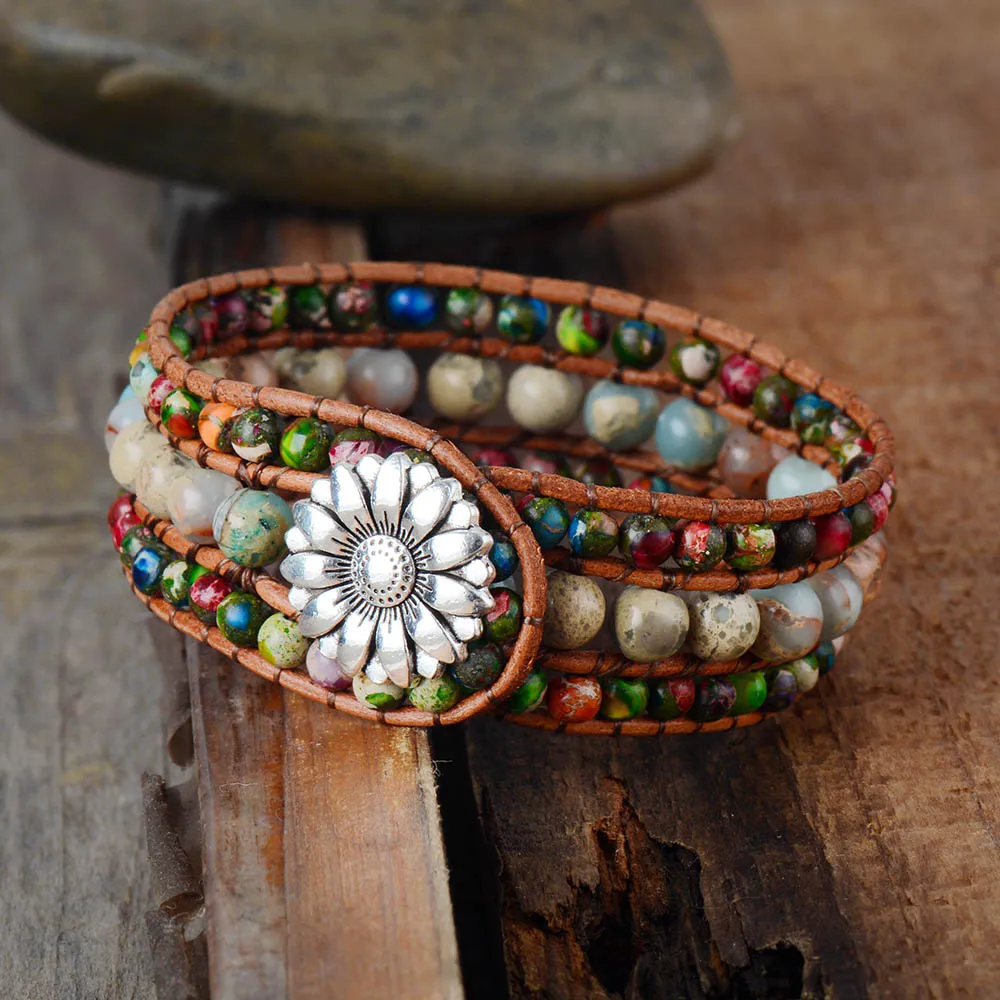 

Vintage Leather Natural Emperor Stone Beads Bracelets Bohemia Beach Wrap Bracelet Women Gifts Drop Shipping