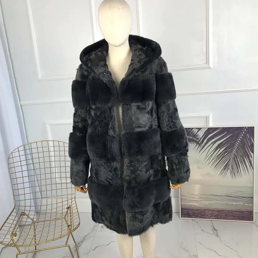 

90cm Long natural Rex Rabbit Fur coat real sheep fur coat with hood 2019 new style Striped Outwear Overcoat Striped Pattern