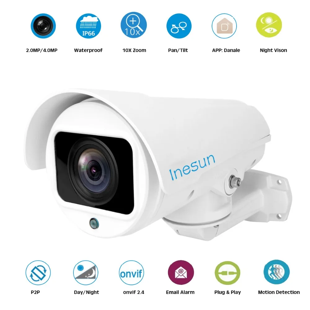 

Inesun Outdoor PTZ IP Security Camera 2MP/4MP 10X Optical Zoom Support H.265 ONVIF 2.4 Waterproof IR Night Vision up to 100 ft