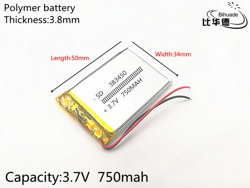 10 шт./лот 3,7 V, 750 mAH, 383450 PLIB; полимерная литий-ионная/литий-ионный аккумулятор для gps, mp3, mp4, mp5, dvd