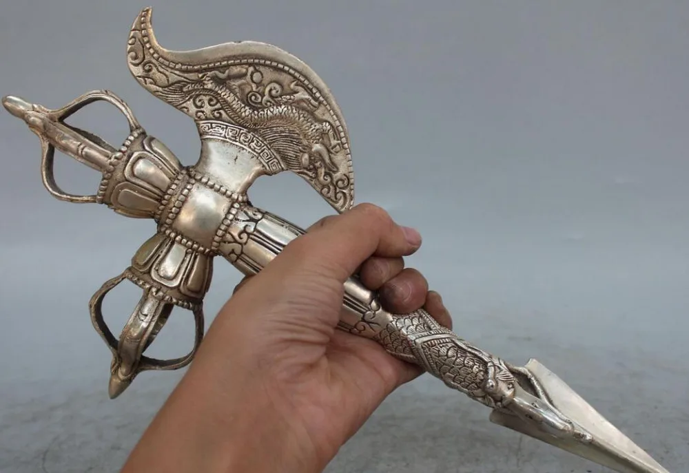 

Details about 13" Tibet Silver Collect Buddhist Vajra Dragon Statue Talisman Phurba Dagger
