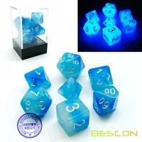 Bescon Gemini Glowing Polyhedral Dice 7pcs Set ICY ROCKS, Luminous RPG Dice Set d4 d6 d8 d10 d12 d20 d%, Brick Box Packaging 1