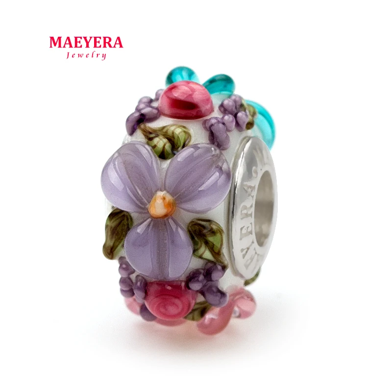 MAEYERA абсолютно 925 пробы Серебряный трехцветный цветок стерео лепестки муранского стекла бусины подходят Европейскому Шарму ювелирные изделия 920347