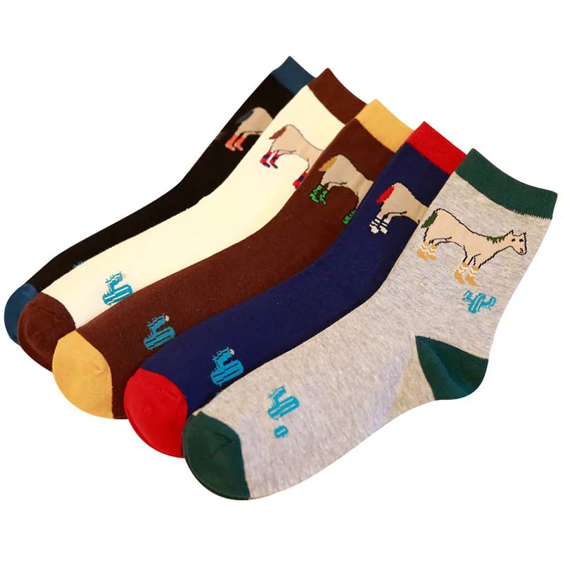 

2 Pairs Men Cotton Short Socks Cute Small Horse Individual Funny Socks Autumn Spring Comfortable Good Stretchy Male Crew Meias