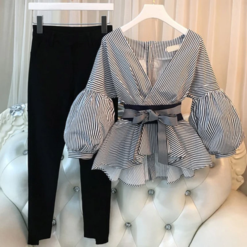 

Plus Size 4XL Women 2 Pieces sets Women Ladies Striped pants suit Women Tops And Split pencil pant Suit