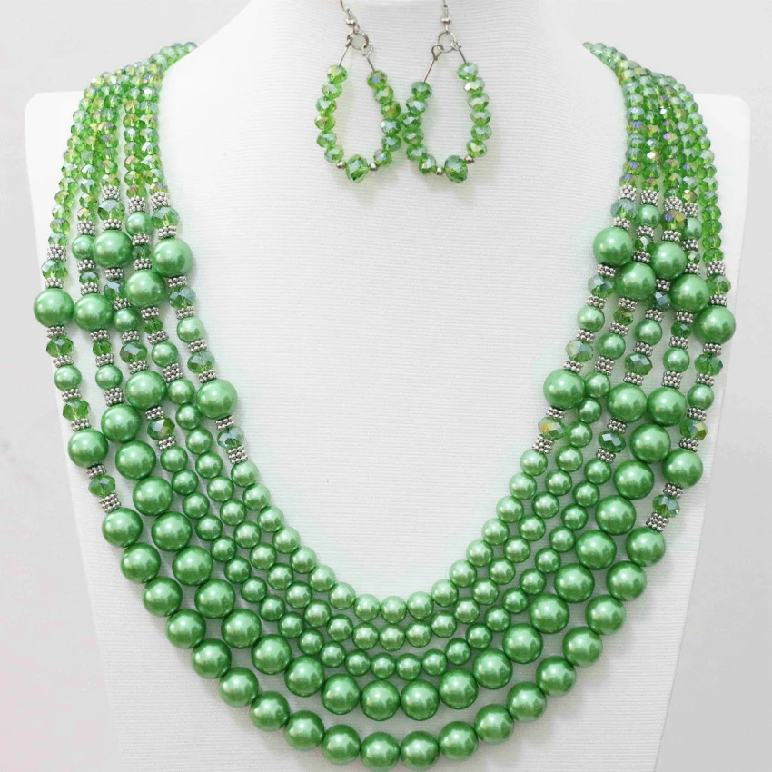Green abacus glass crtstal round simulated-pearl shell beads 5 row necklace earrings jewelry set for women weddingss gift B983-9