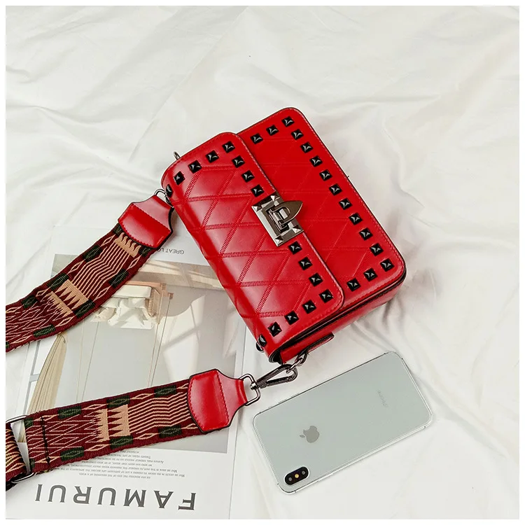 Women's Fashion Rivets Crossbody bag Luxury Brand PU leather Shoulder Bags Female Red Punk Style Wide Strap Street Handbag Purse (8)