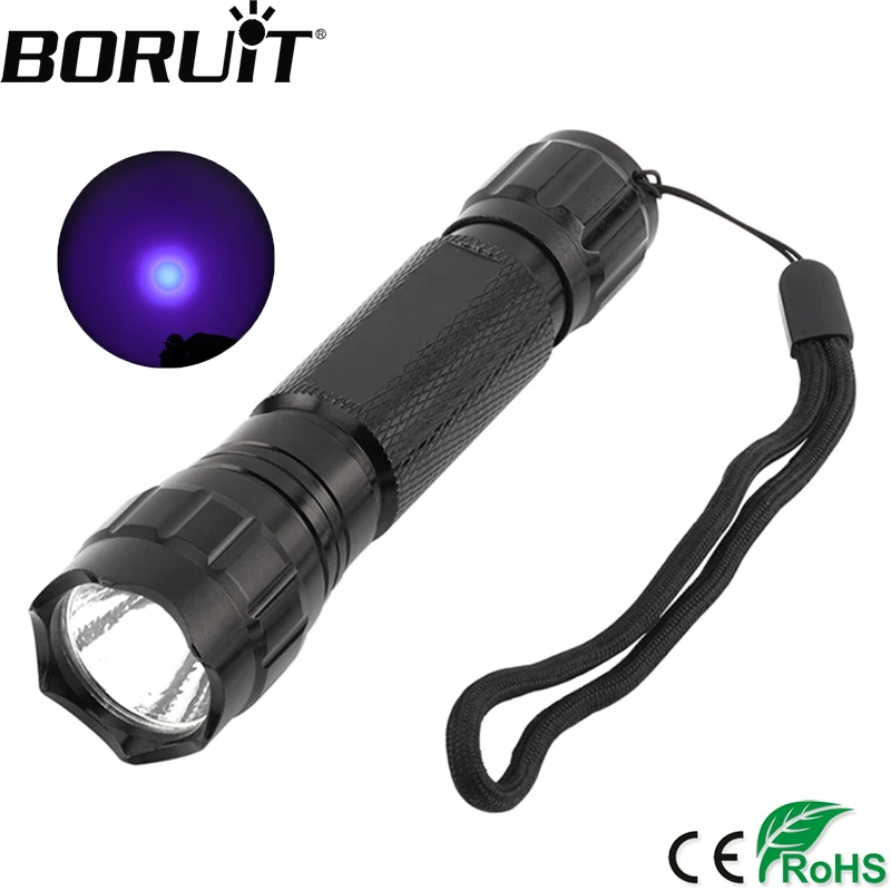 

BORUiT WF-501B XPE Q5 LED UV Flashlight 395nm Purple Torch Adhesive Curing Travel Safety Detection Violet Light by 18650 Battery
