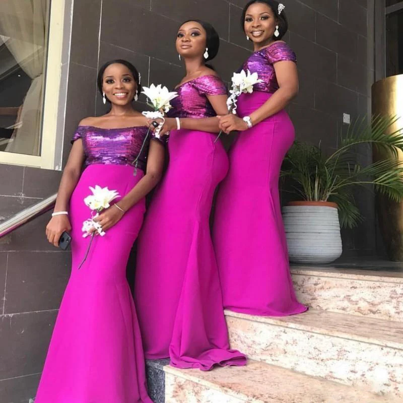

Stunning Fuchsia Long Mermaid Bridesmaid Dresses Boat Neck Sequined Country Maid of Honor Gowns Satin Skirt Prom Party Dress