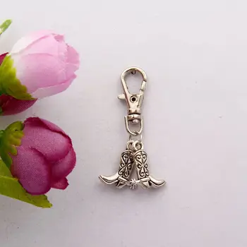 

Ancient Silver Double Cowboy Boots Charms Keychain Lobster Button Keyring Hot Women's Couple Jewelry Accessories Gifts 50pcs/lot