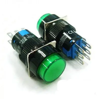 2)Spring Return 5A 250VAC 6Pin Green 2NO 2NC Contact 16mm Hole Pushbutton Switch