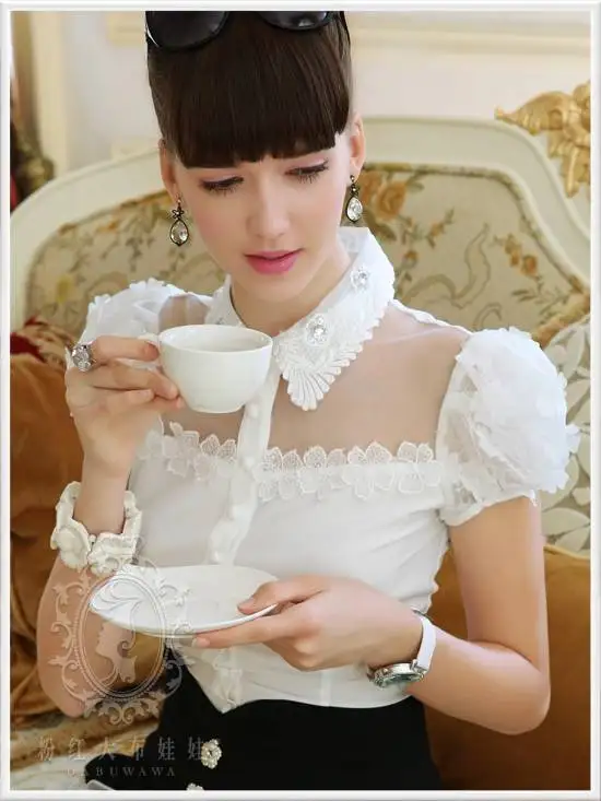 

2014 Top Fasion Regular Solid Fashion Knitted Silk Turn-down Collar New Lace Ladies Blouse