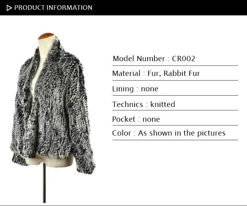 CR002-1 новые модные вязаные с натуральным кроличьим мехом пальто куртка-пальто женские черные с мороза