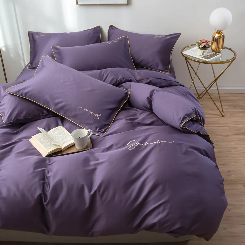 7 60S Long Stapled Cotton Luxury Style Bed Set Duvet Cover Flat Sheet Fitted Bed Sheet Pillowcases Solid Green Bean Pasted Grey - Цвет: 7