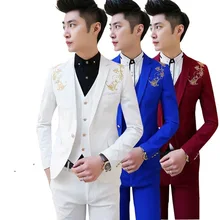 Корейский мужской повседневный костюм Slim fit выпускные костюмы для мальчиков из 3 предметов мужской костюм ярко синего цвета на свадьбу Красный смокинг