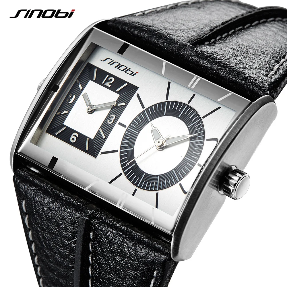 SINOBI Dual Time Zone Men Watches Unique Design Leather Strap 43mm Dial Men's Quartz Wristwatches Clock for Business Men Watch universal 40 43mm luminous car quartz paste clock guage ornament mini self luminous digital clock alloy motorcycle