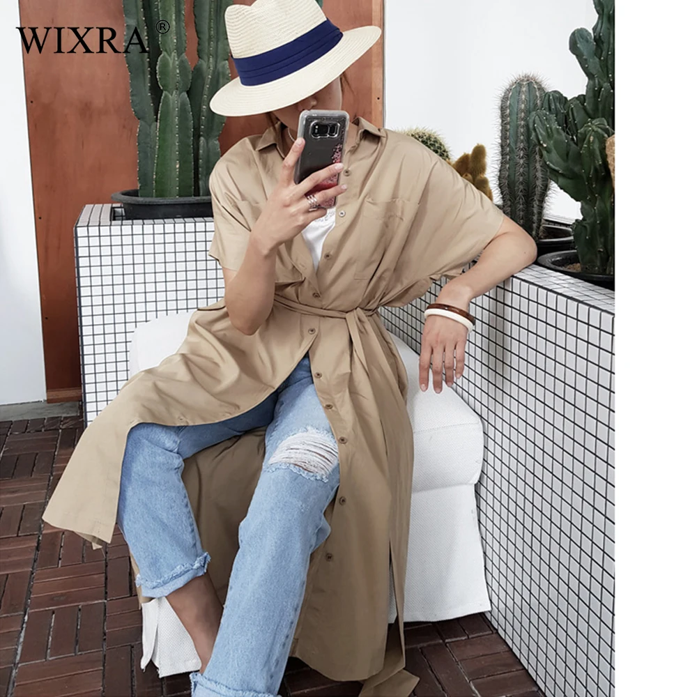 

Wixra 2019 Summer Stylish Short Sleeve Solid Blouse With Sashes Long Blouses Pockets Cool Streetwear For Women Clothing