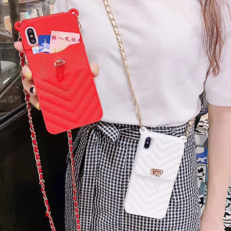 

Fashion Soft Silicone Wallet Chain Case For iPhone X XR XS Max Cover For iphone 7 8 Plus 6 6s Plus Lanyard Card Pocket Phone Bag