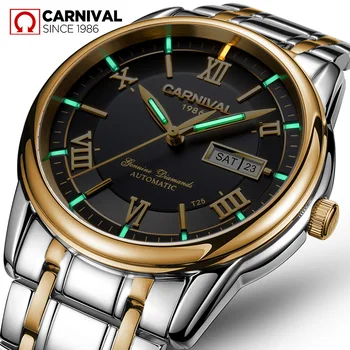 

Carnival T25 Tritium Luminous Mens Mechanical Watches Double Calendar Top Brand Luxury Full Steel Automatic Watch Men Relogio