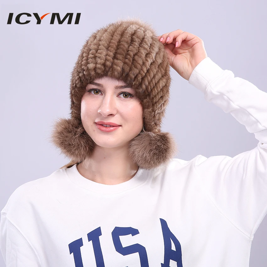ICYMI натуральная норка, меховая эластичная вязаная шапка, женская зимняя шапка с помпонами, женские зимние шапки, натуральная меховая шапка для леди