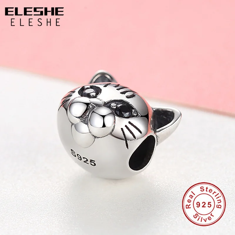 ELESHE European Animal Cute Cat Charm with Black Crystal Fit Pandora Bracelet 925 Sterling Silver Bead Charm Jewelry Accessories