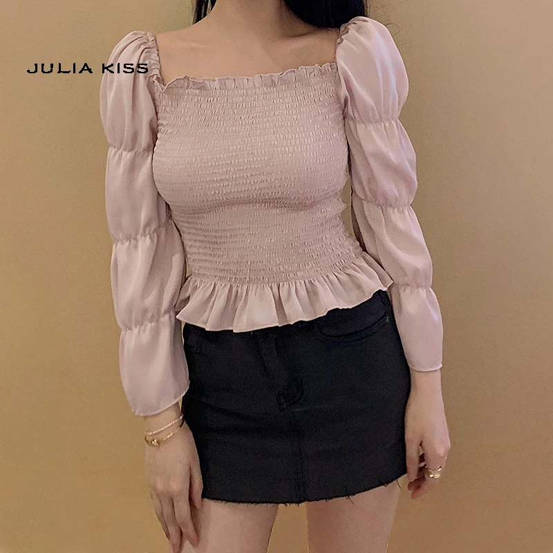 

Women Square Neck Shirred Satin Crop Top With Three Quarter Sleeve in Pink