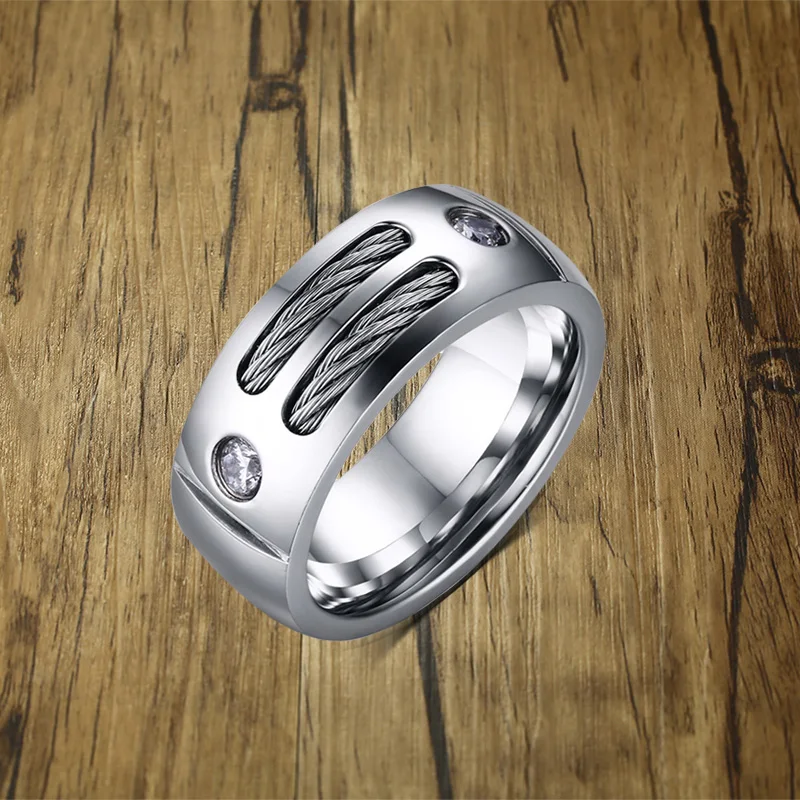 

Men's Double Cable Inlaid Cubic Zirconia Domed Ring for Men Stainless Steel Wedding Band Silver Tone Male West Coast Jewelry
