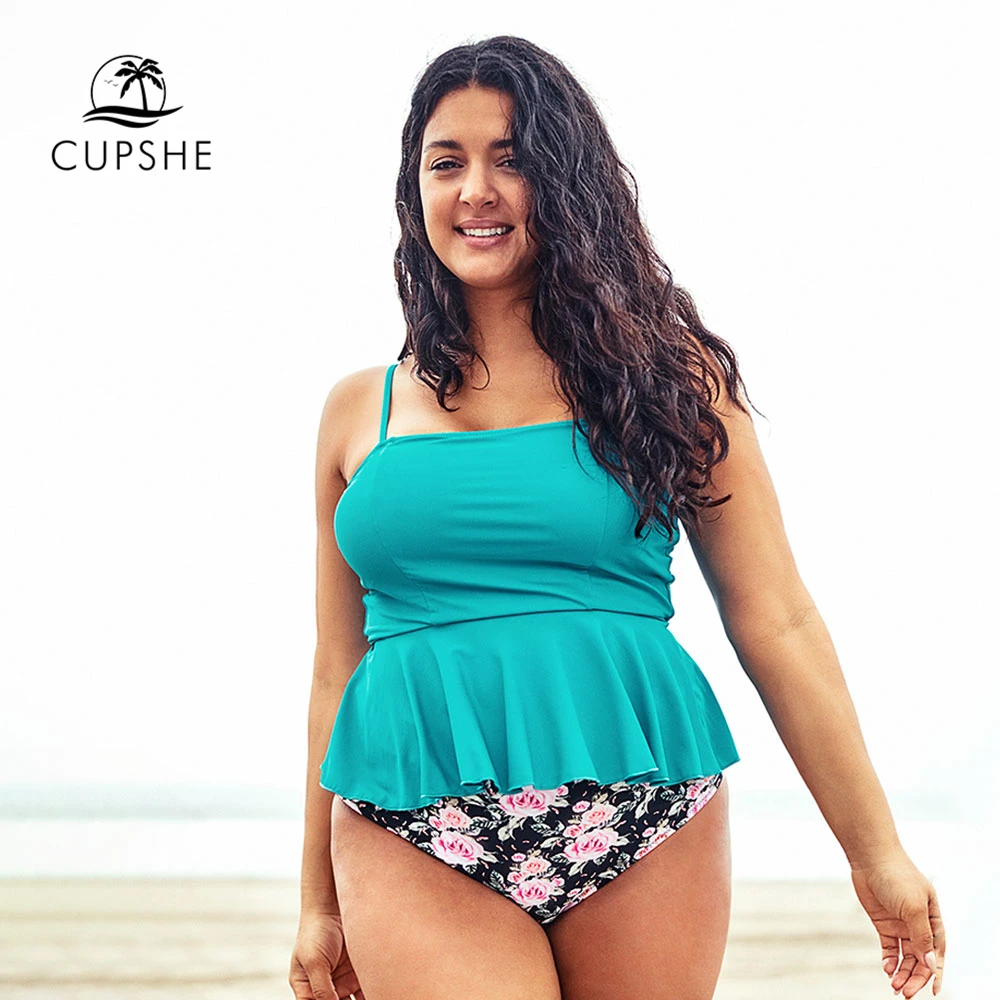 

CUPSHE Plus Size Blue Ruffled Bikini Sets Women Sexy Tank Two Pieces Swimsuits 2019 Girl Beach Bathing Suits Swimwear